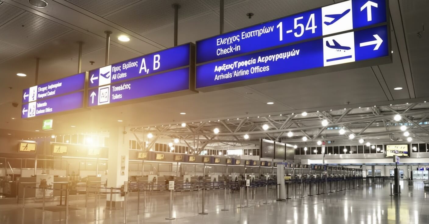 Facciata dell'Aeroporto di Atene con bandiere